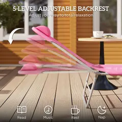 Outsunny Folding Sun Lounger with Head Pillow - Pink - 4