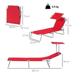Outsunny Folding Sun Lounger, Lounge Chairs Reclining Sleeping Bed with Adjustable Sun Shade Awning for Beach, Patio - 3