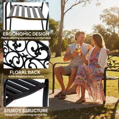 Outsunny Metal Garden Bench with Floral Backrest and Armrests - Black - 5