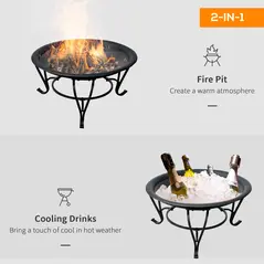 Outsunny Metal Firepit Bowl Outdoor Round Fire Pit w/ Lid, Log Grate, Poker for Backyard, Camping, BBQ, Bonfire, Wood Burning Stove, 56 x 56 x 45cm, Black - 4