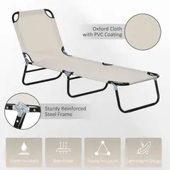 Outsunny Garden Sun Lounger, with Five-Position Back - Cream White - 5