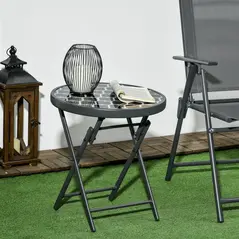 Outsunny Φ45cm Garden Side Table, Outdoor Round Folding Patio Table with Imitation Marble Glass Top, Small Coffee Table, Black and White - 2