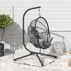 Outsunny Metal Stand Hanging Egg Chair, with Full Body Padded Seat - Grey - 3
