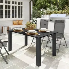 Outsunny Garden Table with Parasol Hole for 6 Person, Rectangle Outdoor Dining Table with Slatted Metal Tabletop, Steel Frame for Patio, Balcony, 150 x 90 x 73 cm, Black - 2