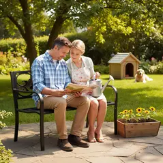 Outsunny Metal Garden Bench with Floral Backrest and Armrests - Black - 2