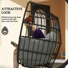 Outsunny Hanging Egg Chair Outdoor Indoor Garden Swing Chair with Folding Basket and Thickened Cushion, Garden Hanging Chair with Stand, Headrest, Cup Holder for Patio, Balcony, Dark Grey - 6