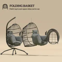 Outsunny Hanging Egg Chair Outdoor Indoor Garden Swing Chair with Folding Basket and Thickened Cushion, Garden Hanging Chair with Stand, Headrest, Cup Holder for Patio, Balcony, Dark Grey - 5