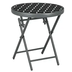 Outsunny Φ45cm Garden Side Table, Outdoor Round Folding Patio Table with Imitation Marble Glass Top, Small Coffee Table, Black and White - 1