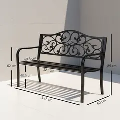 Outsunny Metal Garden Bench with Floral Backrest and Armrests - Black - 3