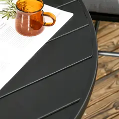 Outsunny Garden Table with Parasol Hole, Outdoor Dining Garden Table for Four Persons, Round Patio Table with Slatted Metal Top, Black - 7