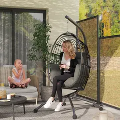 Outsunny Hanging Egg Chair Outdoor Indoor Garden Swing Chair with Folding Basket and Thickened Cushion, Garden Hanging Chair with Stand, Headrest, Cup Holder for Patio, Balcony, Dark Grey - 2