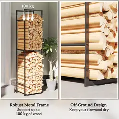 Outsunny Metal Firewood Log Holder, Heavy Duty Firewood Rack with Adjustable Shelf, Indoor Outdoor Fireplace Wood Storage Shelf, 45 x 31 x 170 cm, Black - 6