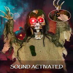 Outsunny Halloween Animated Skeleton with Glowing LED Eyes, Half-Body Scary Halloween Decorations, Battery Operated, Indoor Party Props - 5