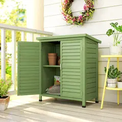 Outsunny Garden Shed Wooden Garden Storage Shed 2 Door Unit Solid Fir Wood Garage Tool Organisation Cabinet, 87L x 46.5W x 96.5Hcm, Green - 8