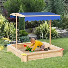 Outsunny Kids Wooden Sand Pit Sandbox Children Square Outdoor Playset Adjustable Canopy Bench Seat 120x120x120cm - 2