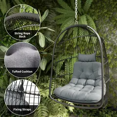 Outsunny Hanging Egg Chair, Foldable Rattan Garden Swing Chair with Installation Kit, Thickened Cushion and Headrest, Indoor Outdoor Hanging Egg Basket Seat for Patio, Porch, Dark Grey - 7