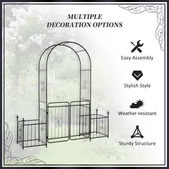 Outsunny Metal Garden Arbor Arch with Double Doors, 2 Side Planter Baskets, Climbing Vine Frame, Black - 5