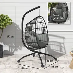 Outsunny Hanging Egg Chair Outdoor Indoor Garden Swing Chair with Folding Basket and Thickened Cushion, Garden Hanging Chair with Stand, Headrest, Cup Holder for Patio, Balcony, Dark Grey - 3