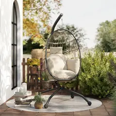 Outsunny Hanging Egg Chair Outdoor Indoor Garden Swing Chair with Folding Basket and Thickened Cushion, Garden Hanging Chair with Stand, Headrest, Cup Holder for Patio, Balcony, Khaki - 9