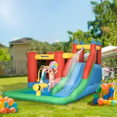 Outsunny Kids Inflatable Bouncy Castle Water Slide 6 in 1 Bounce House Jumping Castle Water Pool Gun Climbing Wall Basketball Hoop with Air Blower for Summer Playland - 2