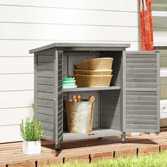 Outsunny Garden Shed Wooden Garden Storage Shed 2 Door Unit Solid Fir Wood Garage Tool Organisation Cabinet, 87L x 46.5W x 96.5Hcm, Grey - 8