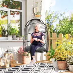 Outsunny Hanging Egg Chair, Foldable Rattan Garden Swing Chair with Installation Kit, Thickened Cushion and Headrest, Indoor Outdoor Hanging Egg Basket Seat for Patio, Porch, Dark Grey - 2