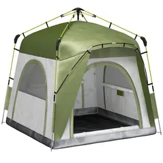 Outsunny Instant Pop Up Camping Tent, 4 Man Dome Tent with 4 Doors, Sewn-in Groundsheet, Carry Bag and Top Hook for Fishing Hiking Festival, Green - 1