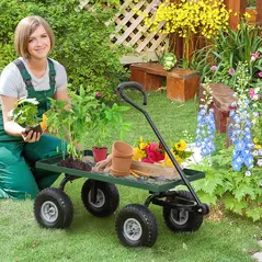 Outsunny Garden Trolley Cart, Heavy Duty Garden Cart with Metal Frame, 10" Pneumatic Wheels, Rotating Handle, 150kg Capacity, for Garden, Farm, Green - 2