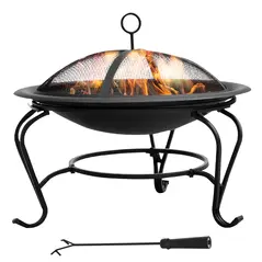 Outsunny Metal Firepit Bowl Outdoor Round Fire Pit w/ Lid, Log Grate, Poker for Backyard, Camping, BBQ, Bonfire, Wood Burning Stove, 56 x 56 x 45cm, Black - 1