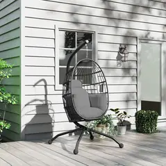 Outsunny Hanging Egg Chair Outdoor Indoor Garden Swing Chair with Folding Basket and Thickened Cushion, Garden Hanging Chair with Stand, Headrest, Cup Holder for Patio, Balcony, Dark Grey - 8