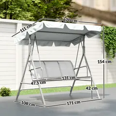 Outsunny Metal Garden Swing Chair, 3-Seater Swing Seat, Patio Hammock Bench Canopy Lounger, Light Grey - 3