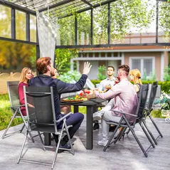 Outsunny Garden Table with Parasol Hole for 6 Person, Rectangle Outdoor Dining Table with Slatted Metal Tabletop, Steel Frame for Patio, Balcony, 150 x 90 x 73 cm, Black - 9