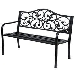 Outsunny Metal Garden Bench with Floral Backrest and Armrests - Black - 1