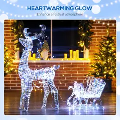 Outsunny Lighted Christmas Reindeer with Sleigh, Outdoor Yard Reindeer with 170 Warm White LED Lights, Holiday Decor with Stakes, Waterproof, Silver - 4