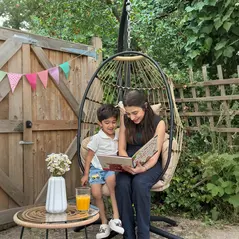 Outsunny Hanging Egg Chair Outdoor Indoor Garden Swing Chair with Folding Basket and Thickened Cushion, Garden Hanging Chair with Stand, Headrest, Cup Holder for Patio, Balcony, Khaki - 8