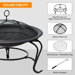 Outsunny Metal Firepit Bowl Outdoor Round Fire Pit w/ Lid, Log Grate, Poker for Backyard, Camping, BBQ, Bonfire, Wood Burning Stove, 56 x 56 x 45cm, Black - 6