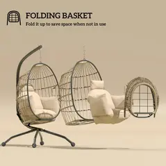 Outsunny Hanging Egg Chair Outdoor Indoor Garden Swing Chair with Folding Basket and Thickened Cushion, Garden Hanging Chair with Stand, Headrest, Cup Holder for Patio, Balcony, Khaki - 5