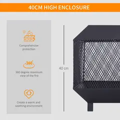 Outsunny Metal Square Fire Pit Outdoor Mesh Firepit Brazier w/ Lid, Log Grate, Poker for Backyard, Camping, Bonfire, Wood Burning Stove, 44 x 44 x 40cm, Black - 5