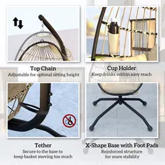 Outsunny Hanging Egg Chair Outdoor Indoor Garden Swing Chair with Folding Basket and Thickened Cushion, Garden Hanging Chair with Stand, Headrest, Cup Holder for Patio, Balcony, Khaki - 7