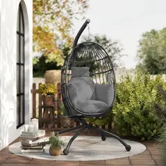 Outsunny Hanging Egg Chair Outdoor Indoor Garden Swing Chair with Folding Basket and Thickened Cushion, Garden Hanging Chair with Stand, Headrest, Cup Holder for Patio, Balcony, Dark Grey - 9