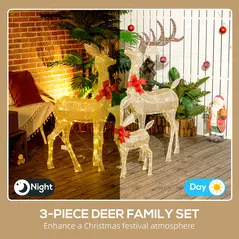 Outsunny Lighted Reindeer Christmas Decorations Outdoor, 3-Piece Light Up Deer Family Set of 3 with 283 LED Lights for Indoor, Lawn, Garden, Gold Tone - 4