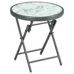 Outsunny Φ45cm Garden Side Table, Outdoor Round Folding Patio Table with Imitation Marble Glass Top, Small Coffee Table, White - 1