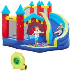 Outsunny Kids Bouncy Castle, with Slide, Pool, Trampoline, Climbing Wall, Blower - 1