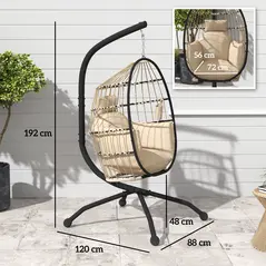 Outsunny Hanging Egg Chair Outdoor Indoor Garden Swing Chair with Folding Basket and Thickened Cushion, Garden Hanging Chair with Stand, Headrest, Cup Holder for Patio, Balcony, Khaki - 3