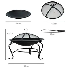 Outsunny Metal Firepit Bowl Outdoor Round Fire Pit w/ Lid, Log Grate, Poker for Backyard, Camping, BBQ, Bonfire, Wood Burning Stove, 56 x 56 x 45cm, Black - 3