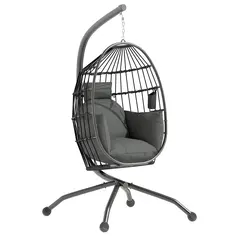 Outsunny Hanging Egg Chair Outdoor Indoor Garden Swing Chair with Folding Basket and Thickened Cushion, Garden Hanging Chair with Stand, Headrest, Cup Holder for Patio, Balcony, Dark Grey - 1