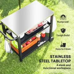 Outsunny Outdoor Grill Dining Cart 3-Shelf Movable Pizza Oven Table Stand with Stainless Steel Top, Portable BBQ Trolley Food Prep Outdoor Kitchen Barbecue Station with Hooks Wheels, Charcoal Grey - 4