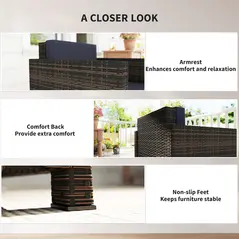 Outsunny PE Rattan Garden Armchair with Cushion - Mixed Brown/Navy Blue - 6