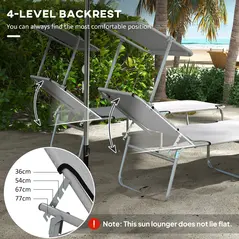 Outsunny Outdoor Foldable Sun Lounger Set of 2, 4 Level Adjustable Backrest Reclining Sun Lounger Chair with Angle Adjust Sun Shade Awning for Beach, Garden, Patio, Light Grey - 4