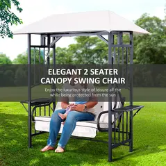 Outsunny Outdoor Garden 2 Seater Canopy Swing Chair Seat Porch Loveseat Vintage Hammock Cushioned Seat w/ and Side Drink Panel - 7